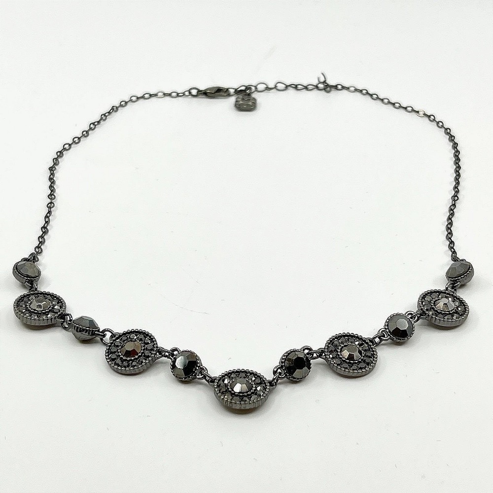 Vintage Monet Gunmetal Black Halo Necklace Y2K Dark Rhinestone Statement Jewelry